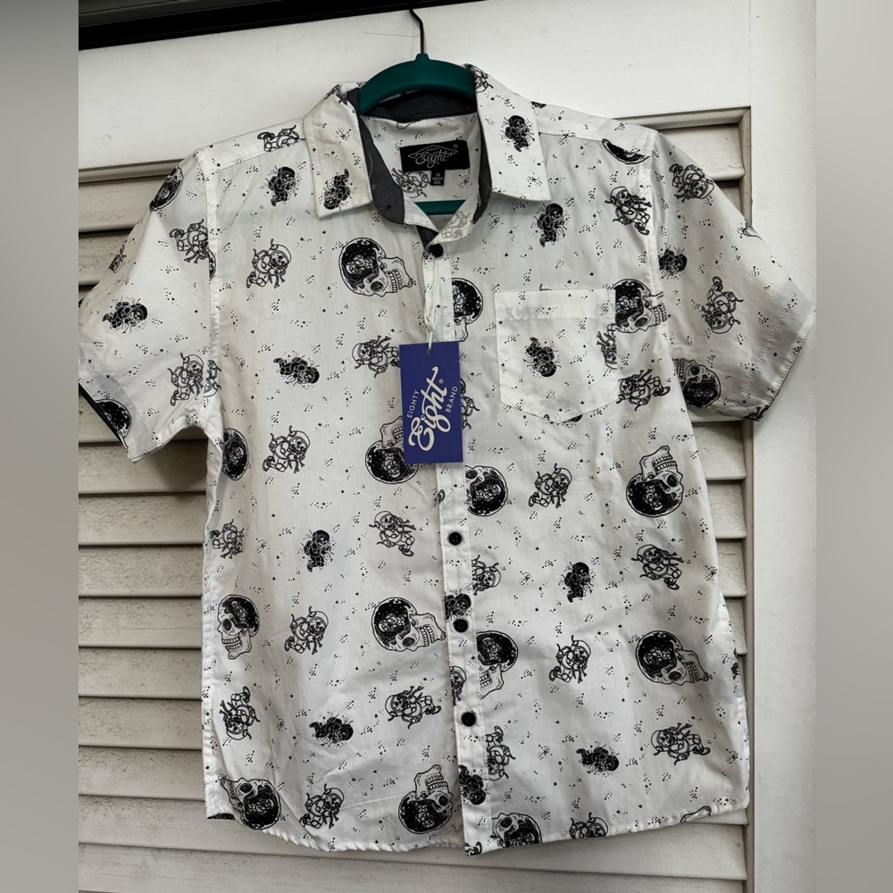 Boys Large 14 White Patterned skulls Shirt